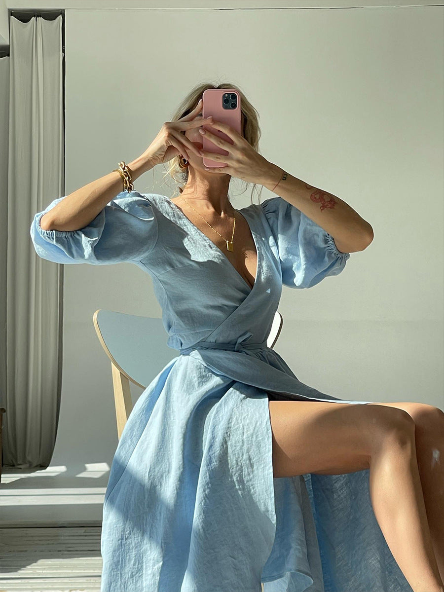Women's Cotton Tie-Waist Puff Sleeve Midi Dress