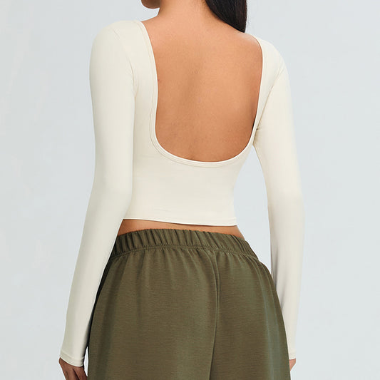 Women's long-sleeved open-back fitness T-shirt