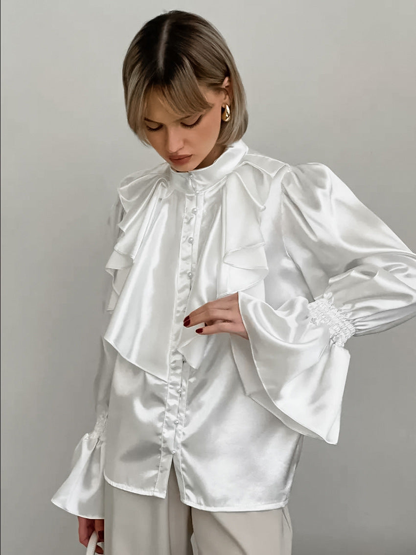 Women's Vintage Ruffle Stand Collar Satin Shirt with Bell Sleeves and Glossy Finish