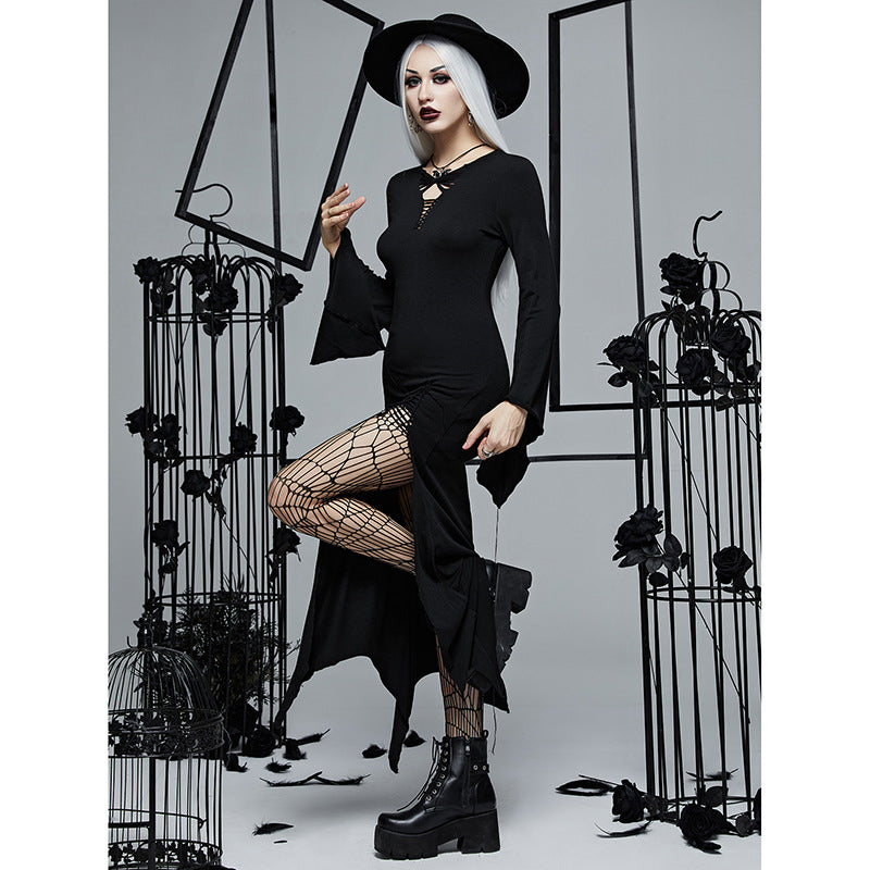 Gothic Maxi Dress Vintage Witch Style Deep V Neck High Split Side-Slit Long Sleeved Dress