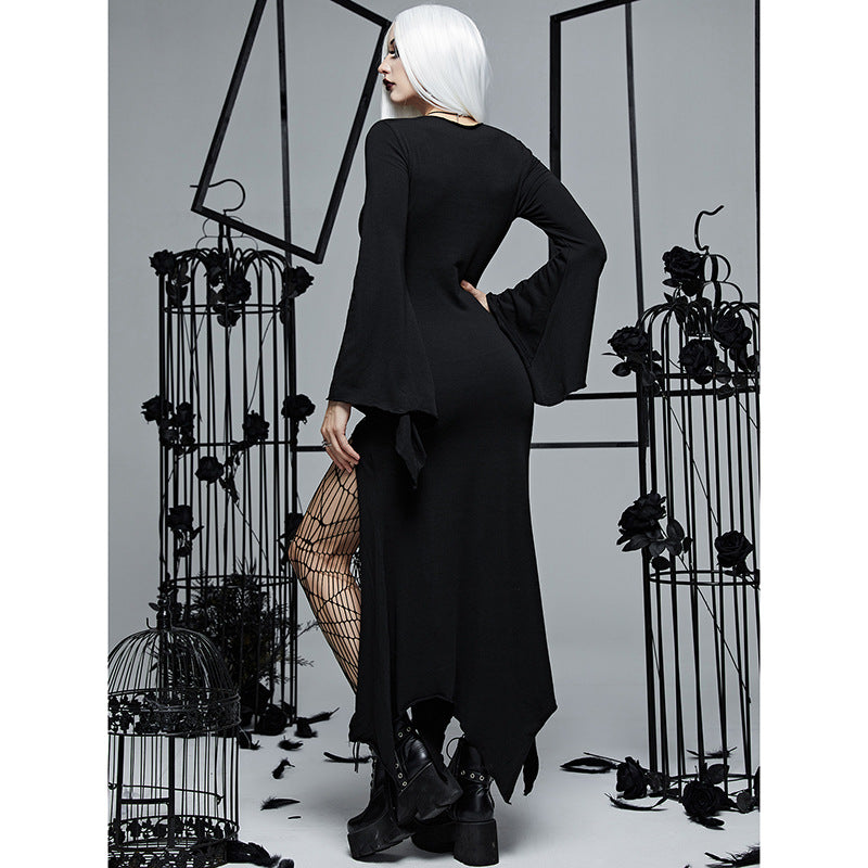 Gothic Maxi Dress Vintage Witch Style Deep V Neck High Split Side-Slit Long Sleeved Dress