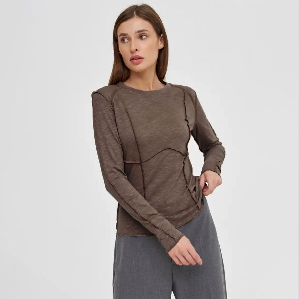 Women's Fashion Casual Contrast Stitching Crew Neck Long Sleeve T-Shirt