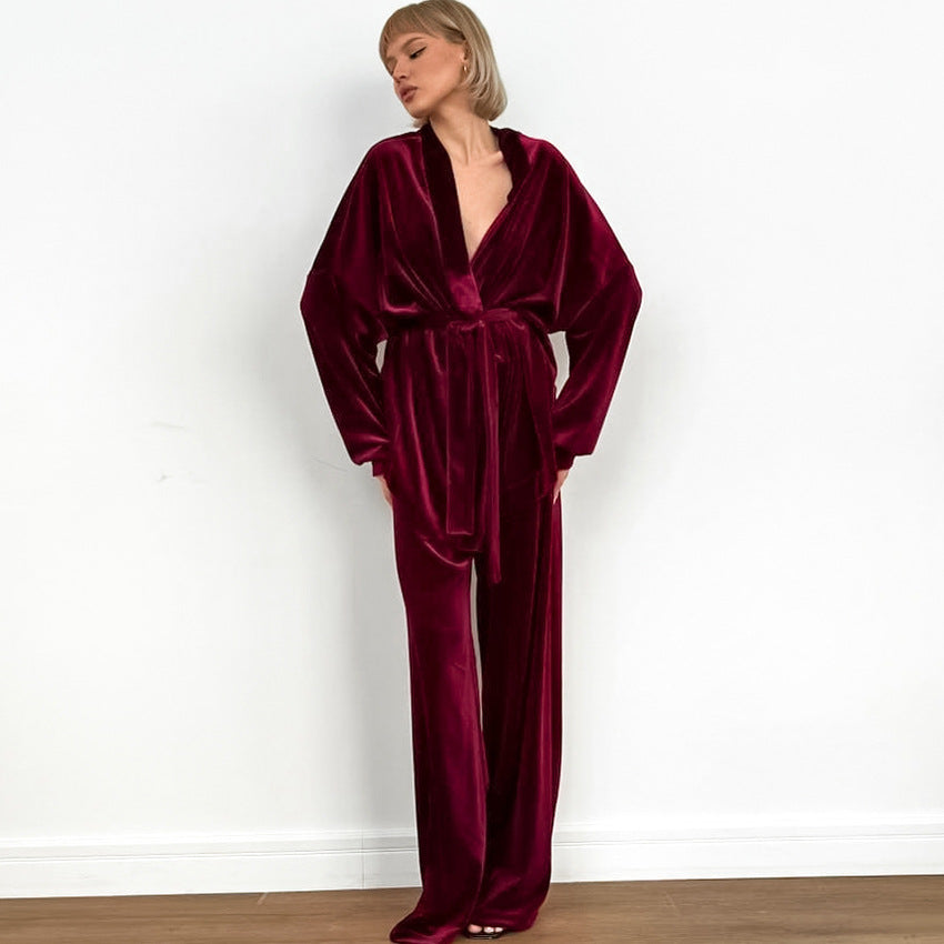 Women's New Velvet Fabric Casual Simple Long Sleeve Pants Pajamas