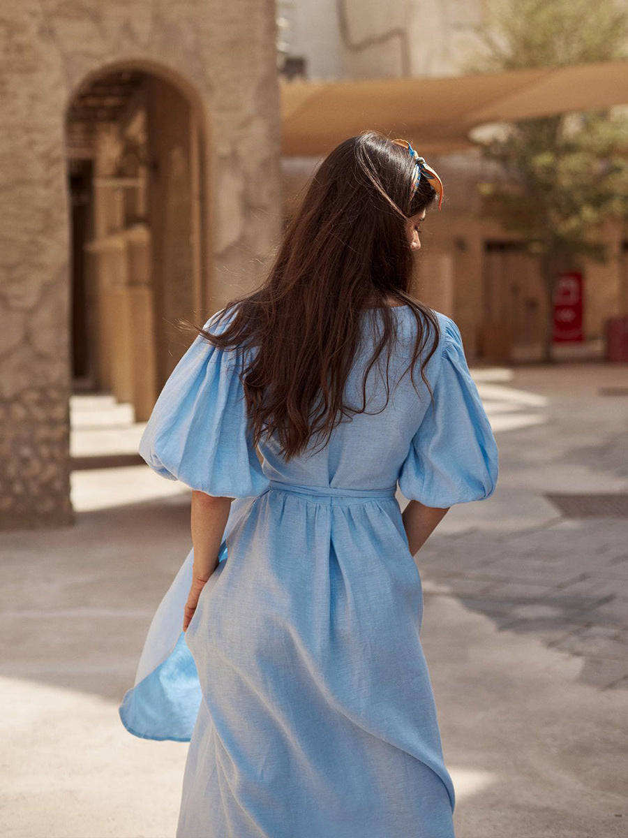 Women's Cotton Tie-Waist Puff Sleeve Midi Dress
