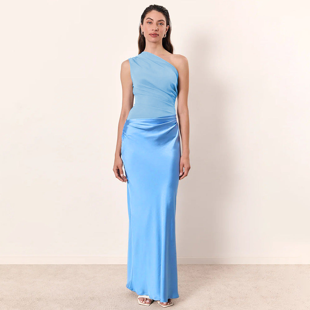 Sexy Sleeveless One-Shoulder Ruched Bodycon Midi Dress for Women