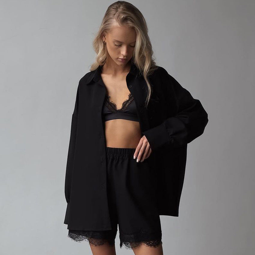 Luxury Black Lace Trim Pajama Set for Women – Long Sleeve Top & Shorts Sleepwear