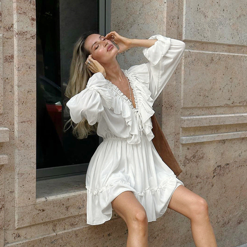 Women's Fashion White Chiffon Sexy Slim V-neck Ruffle Long Sleeve Tie Dress