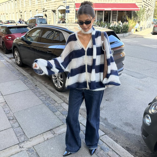 Women's Loose Striped Knit Cardigan with Scarf