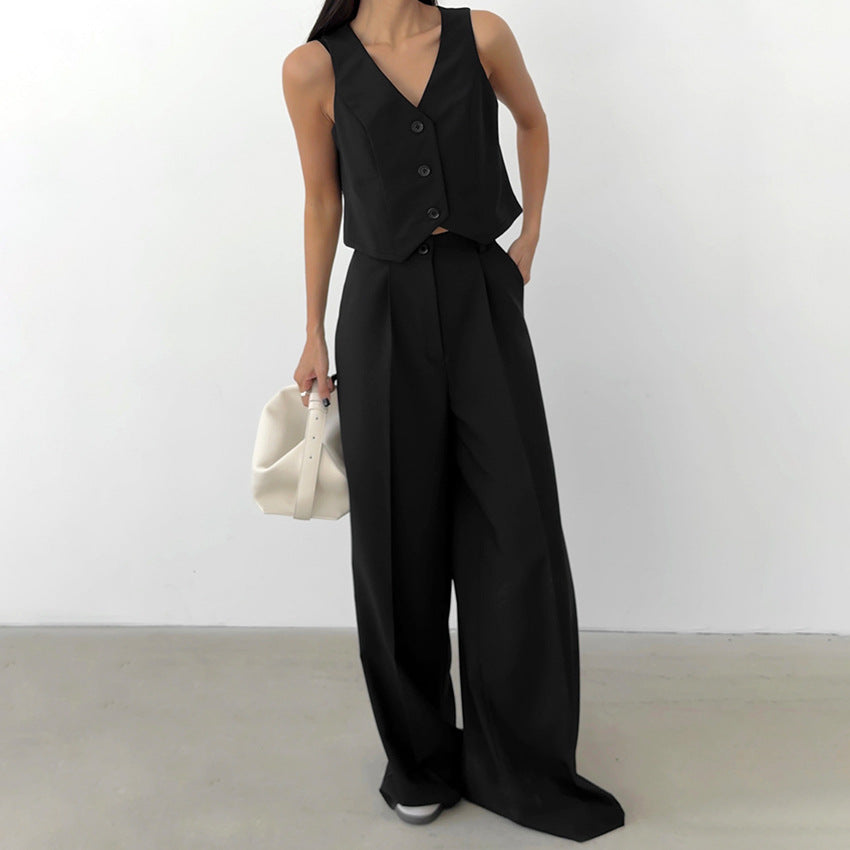 Women's Summer Vintage V-Neck Sleeveless Vest and Loose Long Pants Set