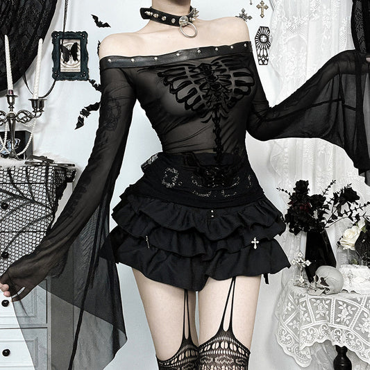 Women's Sexy Gothic Flocked Skull Print Top