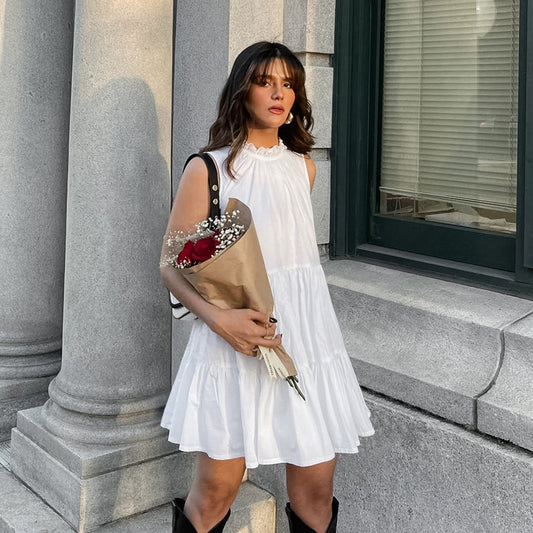 Women's Spring and Summer Versatile White Round Neck Bow Tie Short Dress