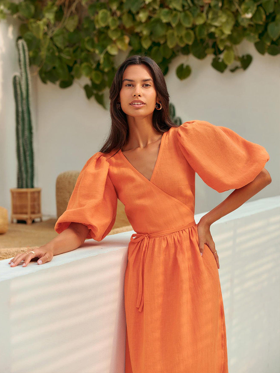 Women's Cotton Tie-Waist Puff Sleeve Midi Dress