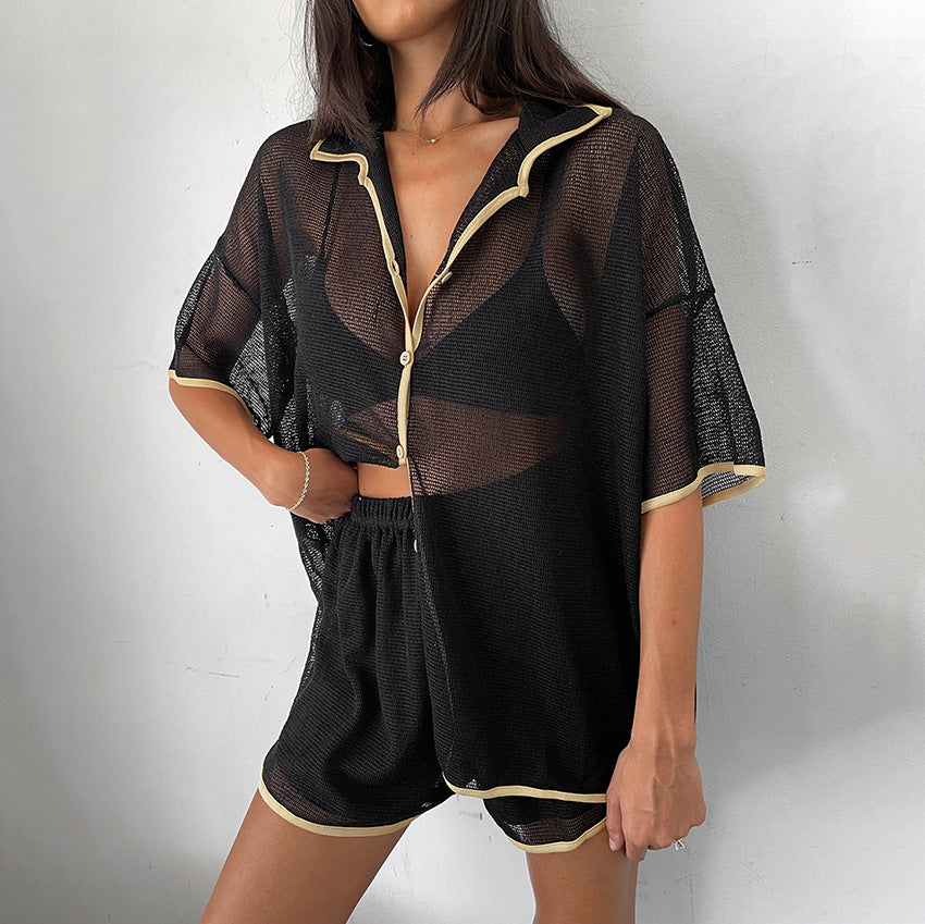 Summer Women's Sexy Sheer Color Block Short Sleeve Shorts Set