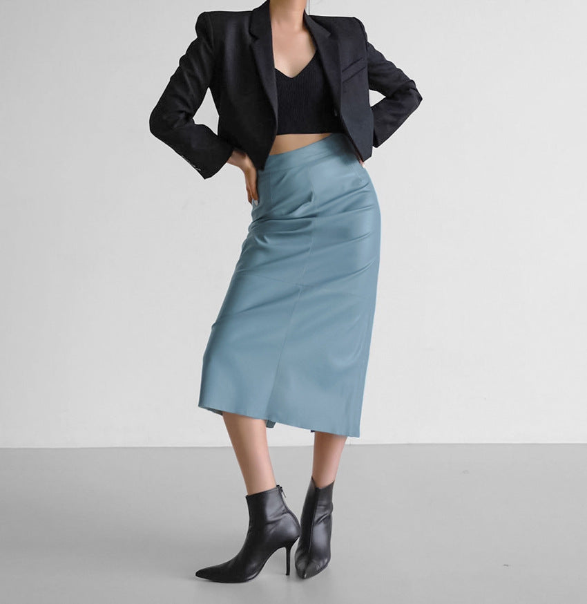 Women's High-Waisted Split PU Leather Pencil Skirt