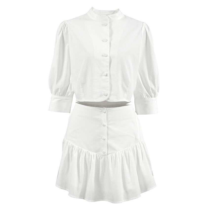 Women's Summer Cotton Linen White Mandarin Collar 3/4 Sleeve Blouse and High Waist Tight Skirt Set