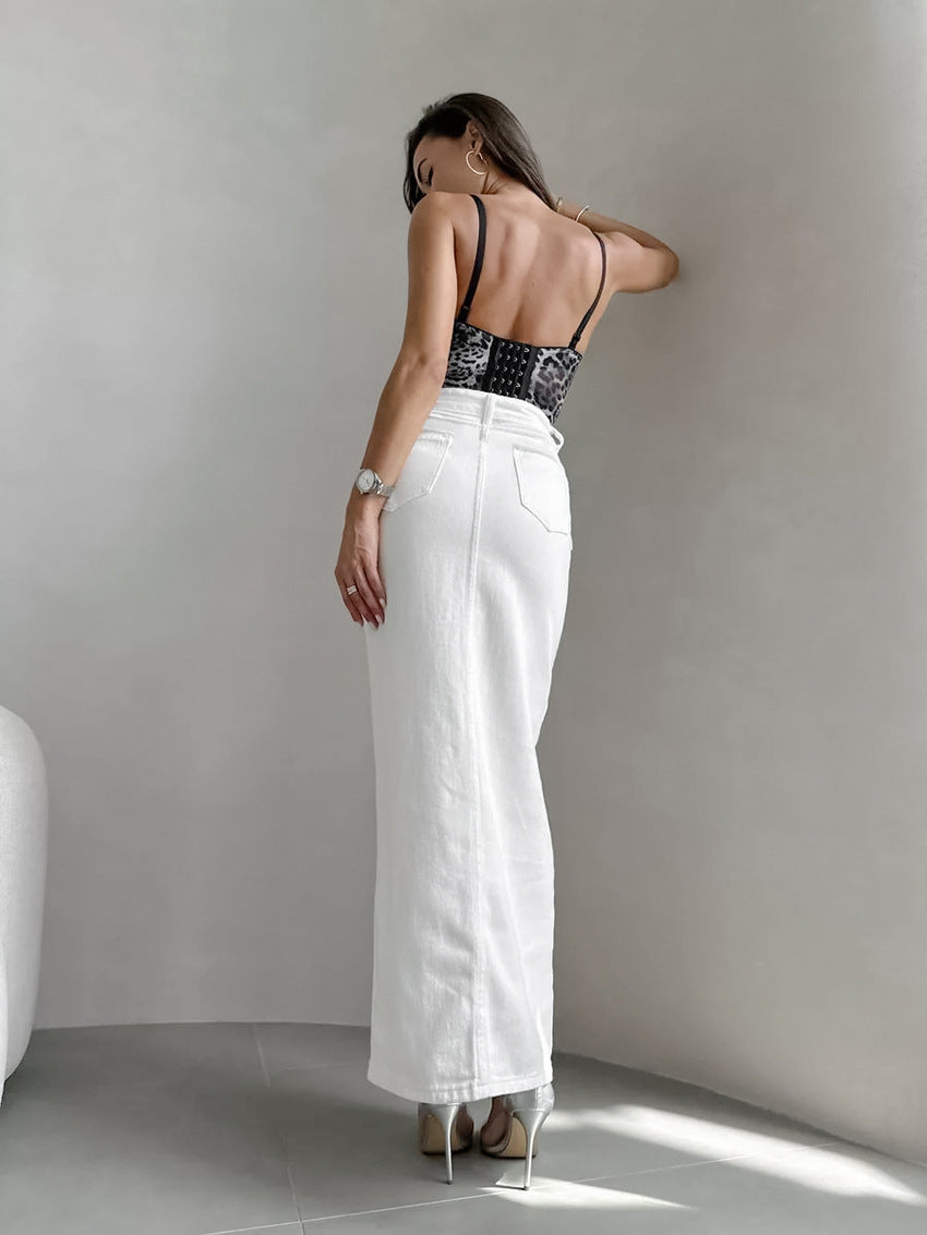 Women's White High-Waisted Fitted Button Skirt 100% Cotton