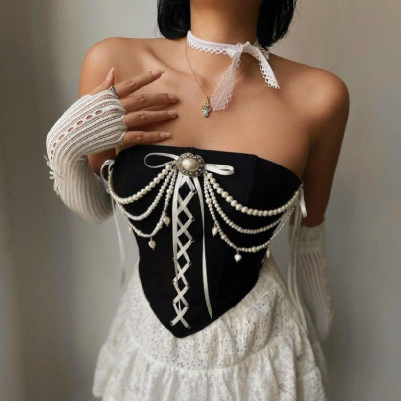 Women’s Christmas Velvet Pearl Chain Off-Shoulder Corset – Retro Strapless Bustier Top
