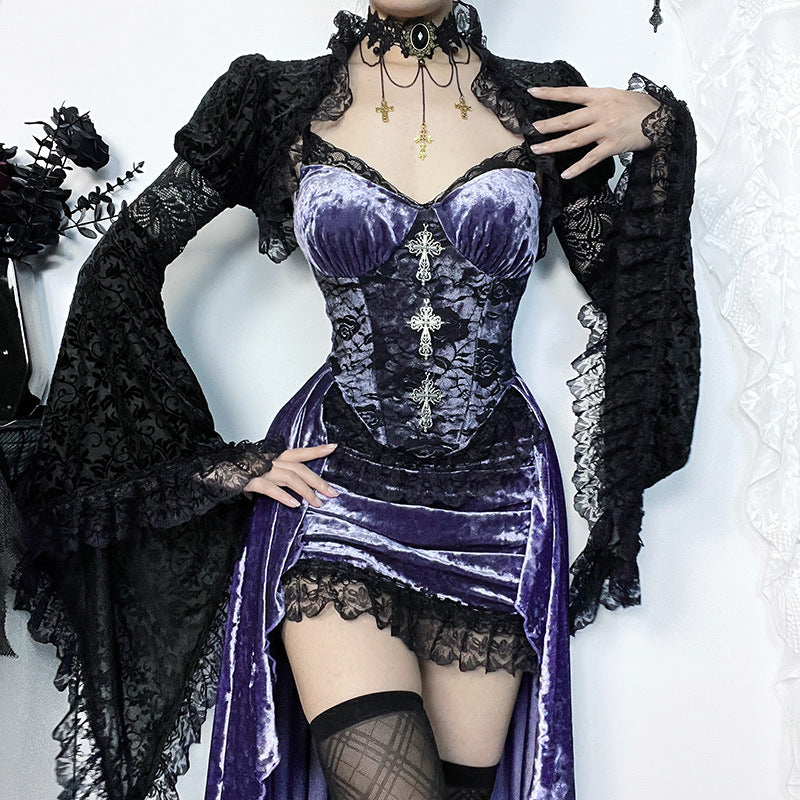 Women's Gothic Sexy Slim Purple Spaghetti Strap Gown with Crystal Pendant and Lace Train - Velvet High-Waisted Dress