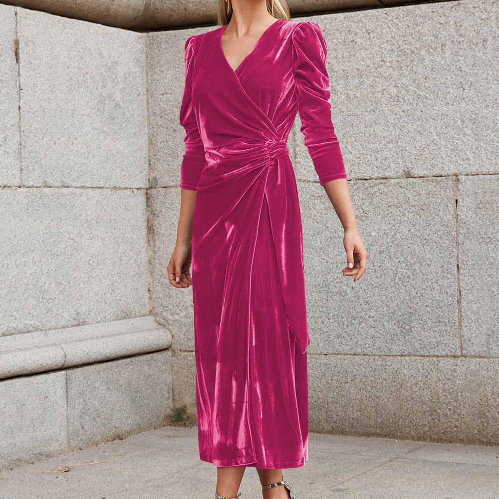 Women's Solid Color Tie Waist V-Neck Velvet Dress - Luxurious Velvet Fabric