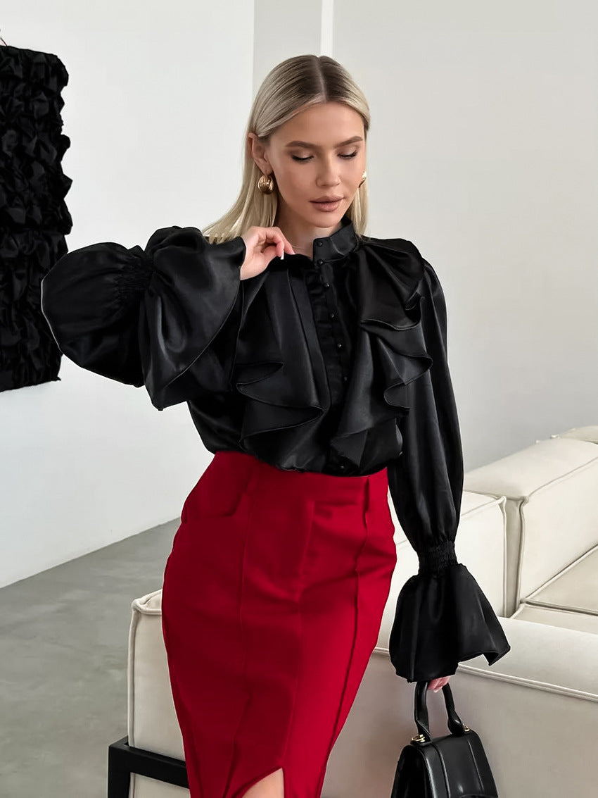 Women's Vintage Ruffle Stand Collar Satin Shirt with Bell Sleeves and Glossy Finish