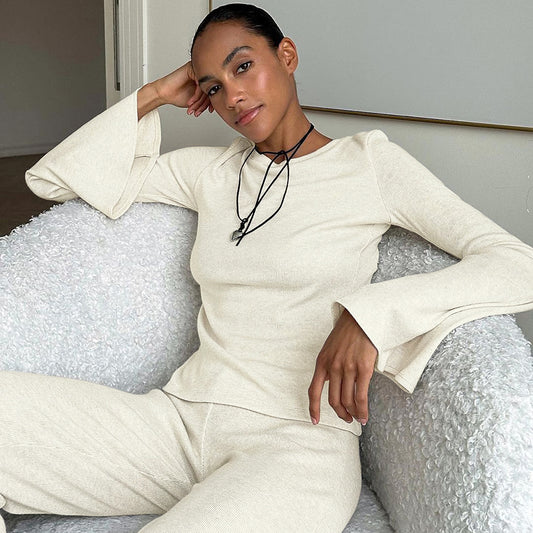 Women’s Autumn Knitted Pajama Set – Breathable Long Sleeve Top & Pants Lounge Sleepwear