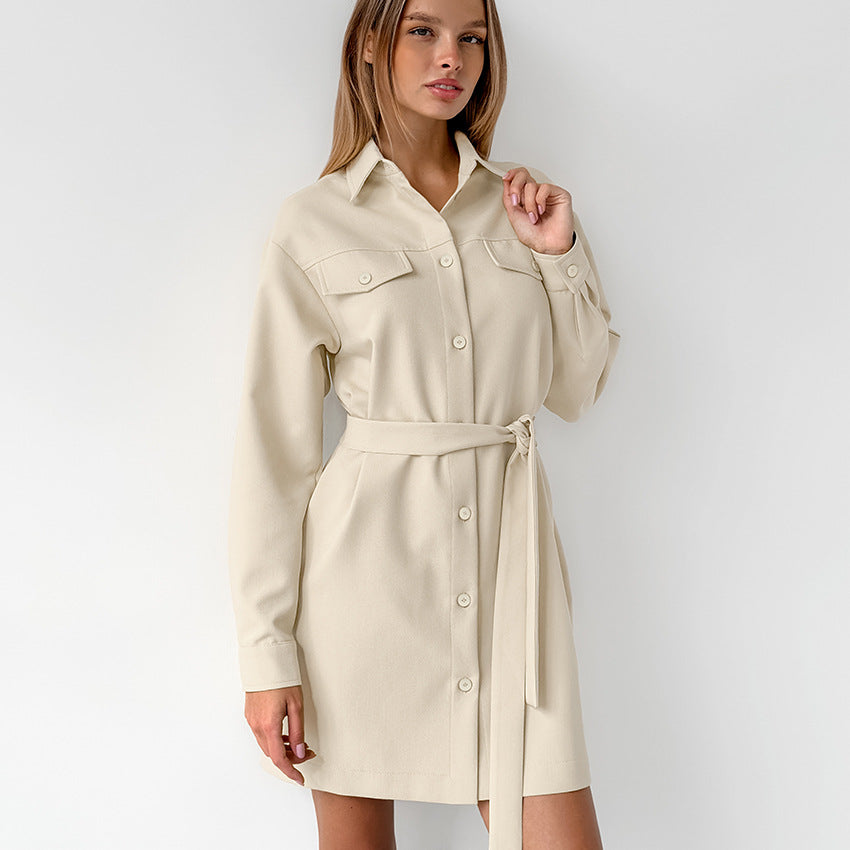Women's Fashion Khaki Collared Drop Shoulder Pocket Vintage Dress