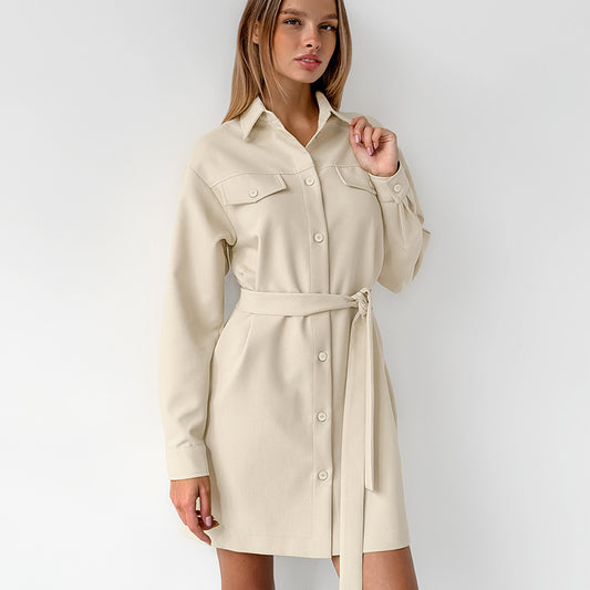 Women's Fashion Khaki Collared Drop Shoulder Pocket Vintage Dress