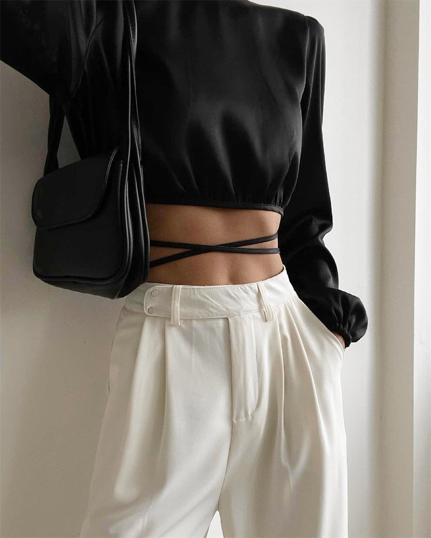 Satin Cropped Long Sleeve Top