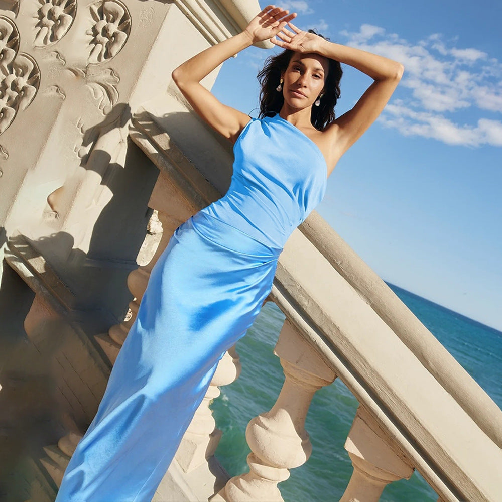 Sexy Sleeveless One-Shoulder Ruched Bodycon Midi Dress for Women