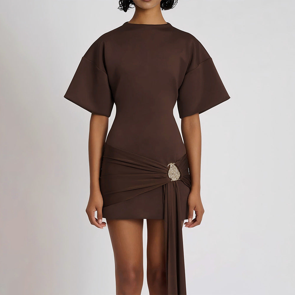 Elegant Solid Color Round Neck Waist-Tie Ruched Bodycon Dress for Women