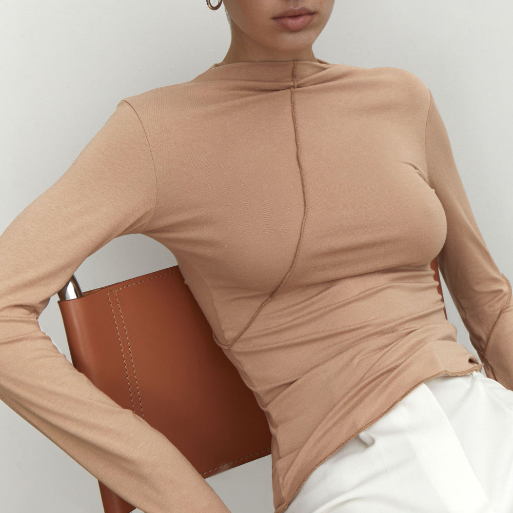 Women's Fashion Asymmetrical Design Slim Fit Long Sleeve Mock Neck T-Shirt