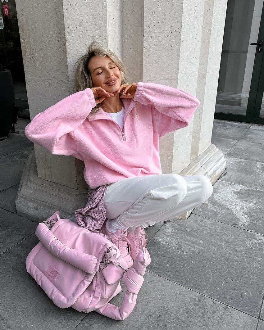 Women's Pink Fleece Loose Pullover Sherpa Sweatshirt