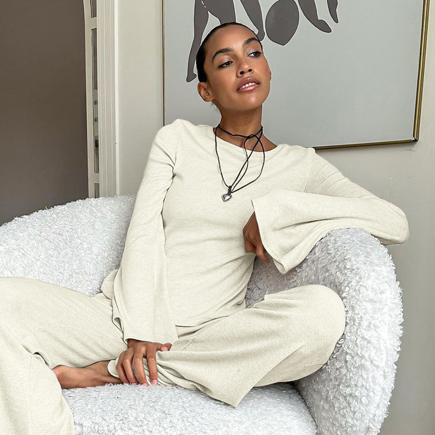 Women’s Autumn Knitted Pajama Set – Breathable Long Sleeve Top & Pants Lounge Sleepwear