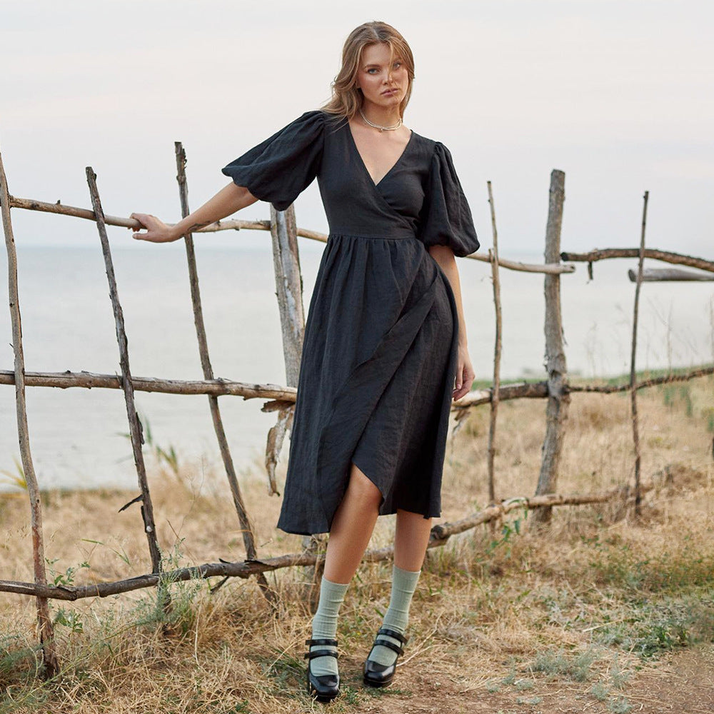 Women's Cotton Tie-Waist Puff Sleeve Midi Dress