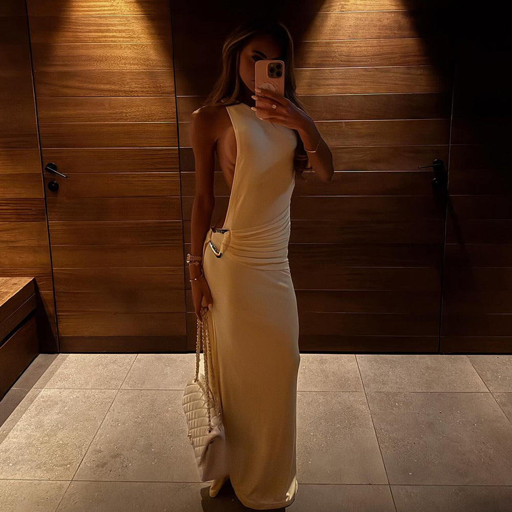 Sexy One-Shoulder Backless Metal Decor Bodycon Dress for Women