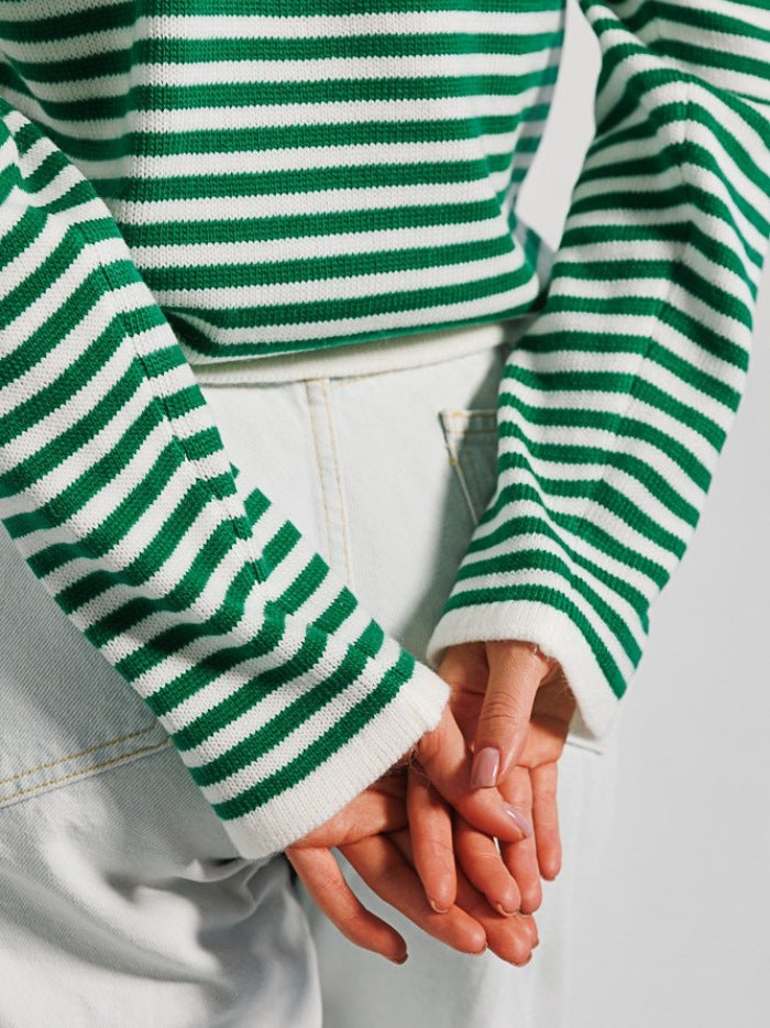Women's Fashion Ribbed Color Block Striped Crew Neck Knit Sweater