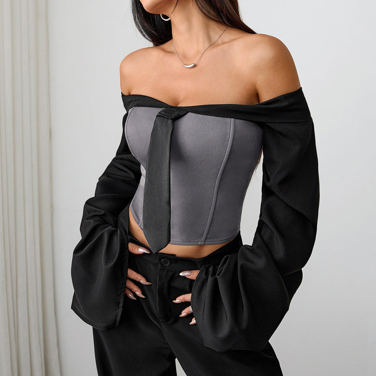 Women’s Sexy Long Sleeve Tie-Front Corset Top – Fitted Bustier Short Blouse