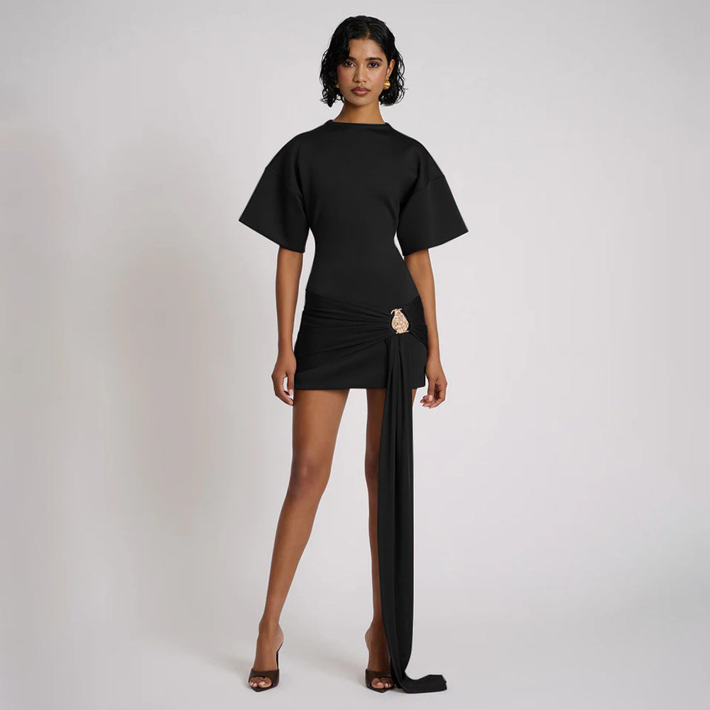 Elegant Solid Color Round Neck Waist-Tie Ruched Bodycon Dress for Women