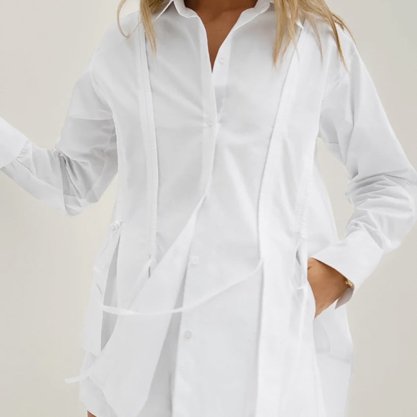 Women's Summer French Lapel Tie Long Sleeve Shirt and Shorts Set