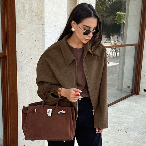 Women's Lapel Long Sleeve Zipper Woolen Coat - Premium Fashion Jacket