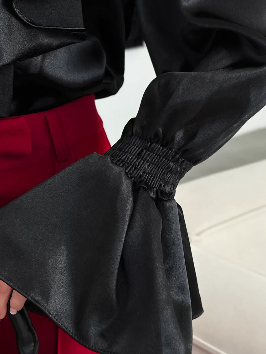 Women's Vintage Ruffle Stand Collar Satin Shirt with Bell Sleeves and Glossy Finish