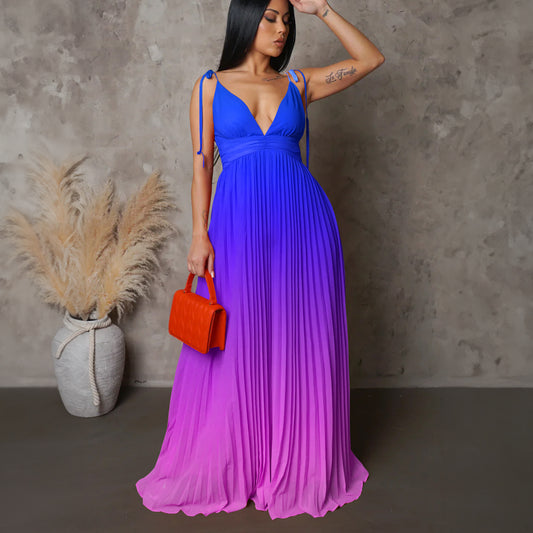 Women's Spaghetti Strap Backless Sexy Gradient Maxi Dress