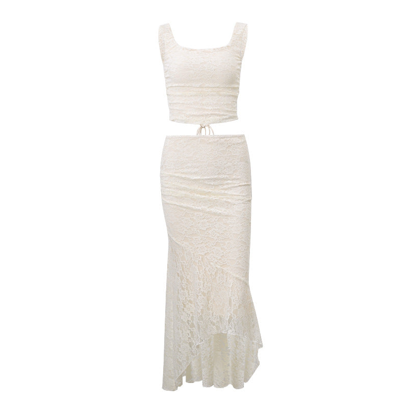 Women's Summer Sexy Lace Backless Tank Top and Irregular Skirt Set