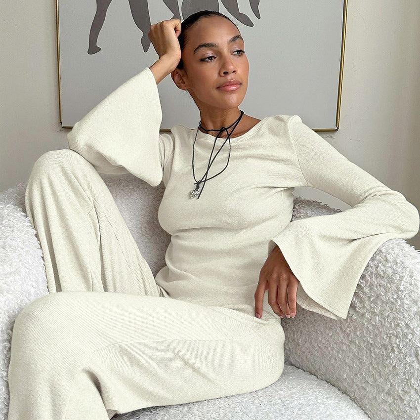 Women’s Autumn Knitted Pajama Set – Breathable Long Sleeve Top & Pants Lounge Sleepwear