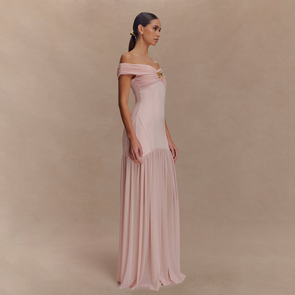 Elegant Strapless Mesh Patchwork Backless Ruched Bodycon Maxi Dress for Women