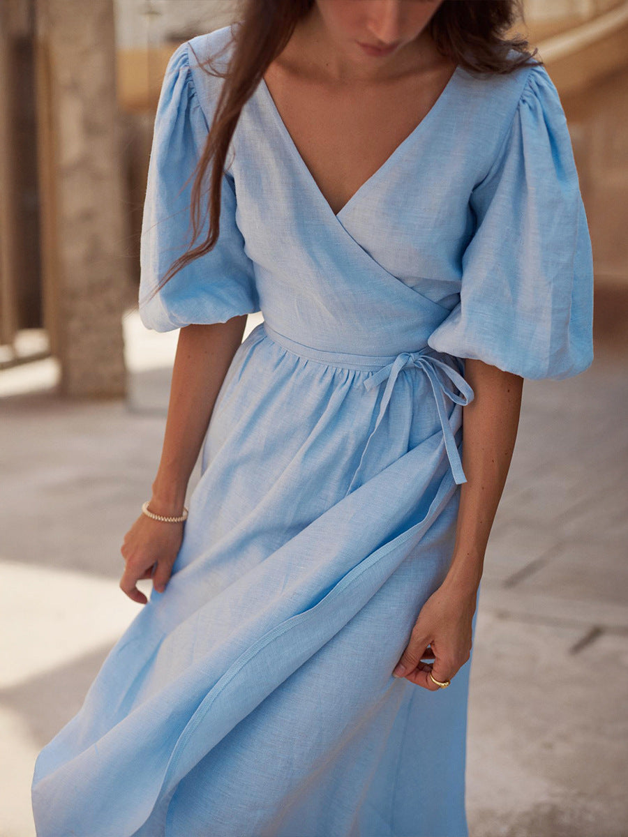 Women's Cotton Tie-Waist Puff Sleeve Midi Dress