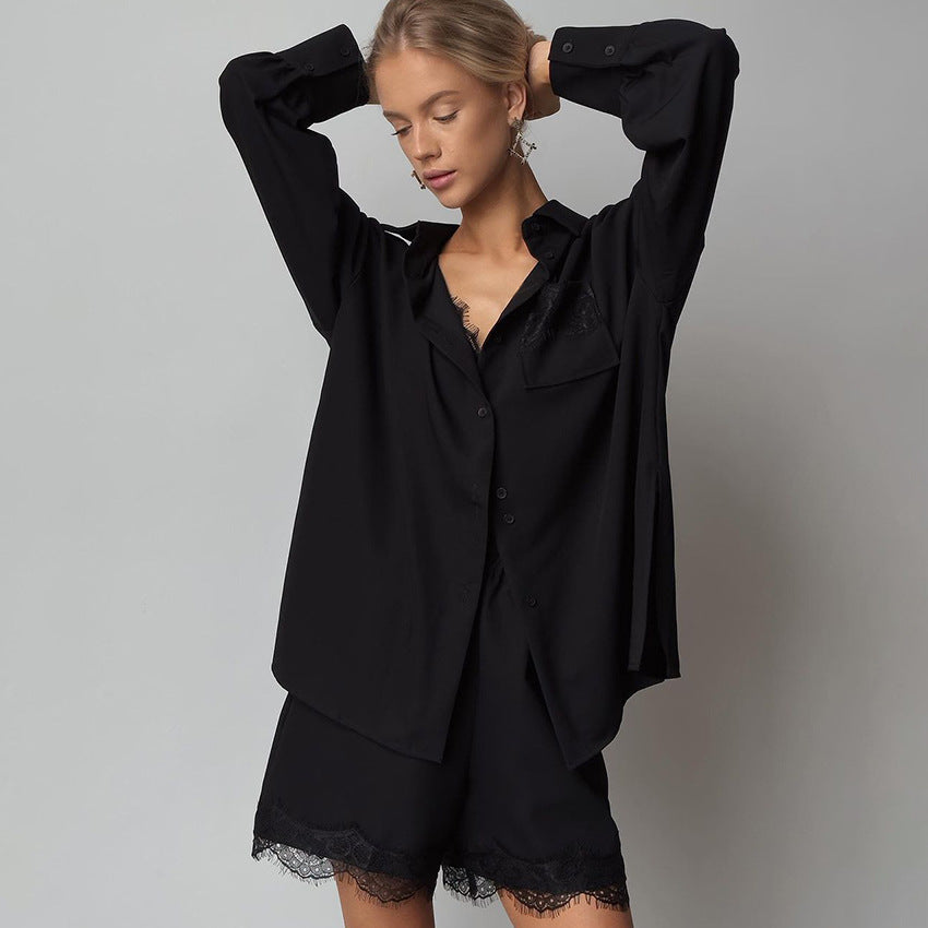 Luxury Black Lace Trim Pajama Set for Women – Long Sleeve Top & Shorts Sleepwear