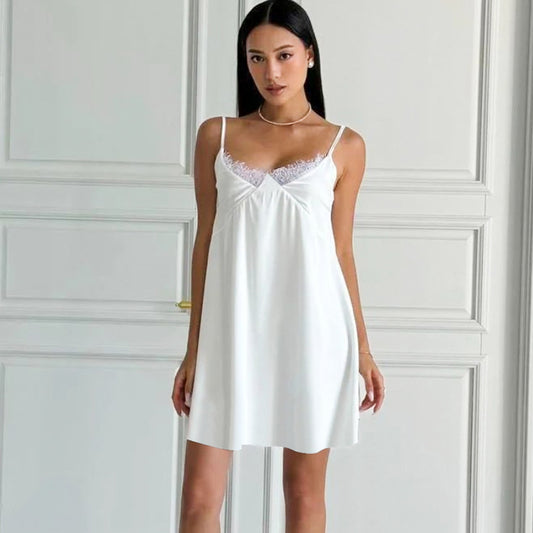 Women's White Satin Lace Slip Dress – Elegant V-Neck Cami Nightdress Sleepwear