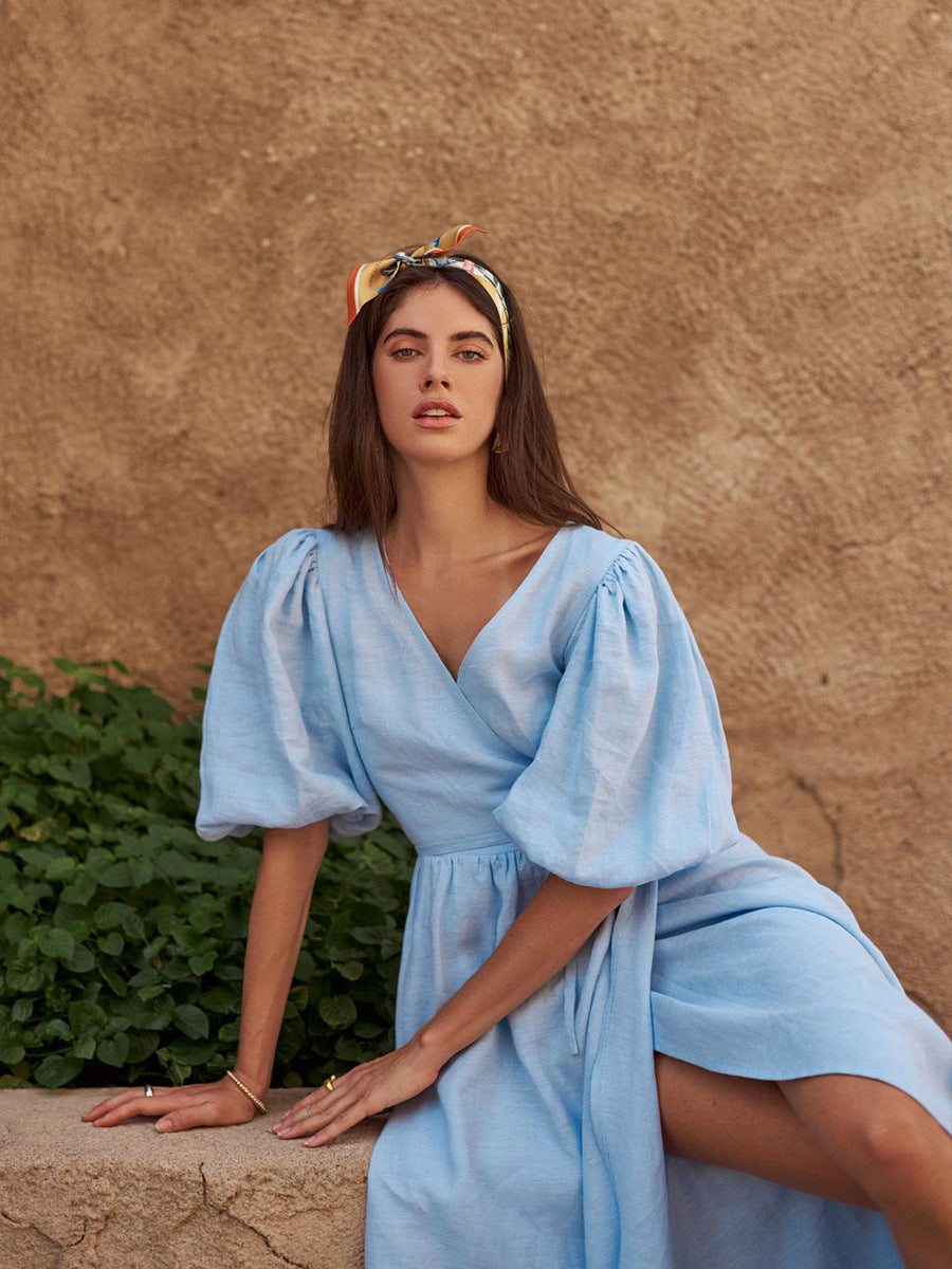 Women's Cotton Tie-Waist Puff Sleeve Midi Dress
