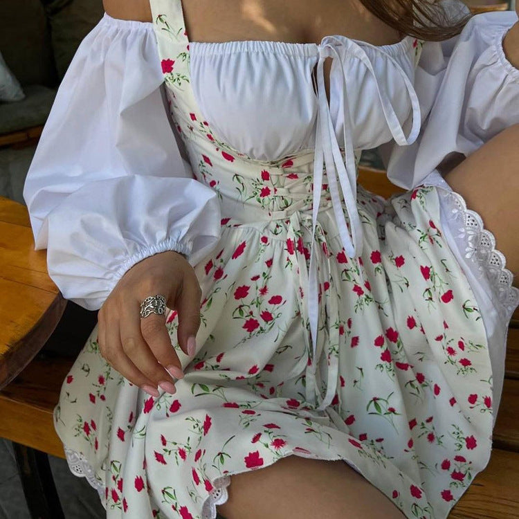 Women's Puff Sleeve Strapless Floral Midi Dress